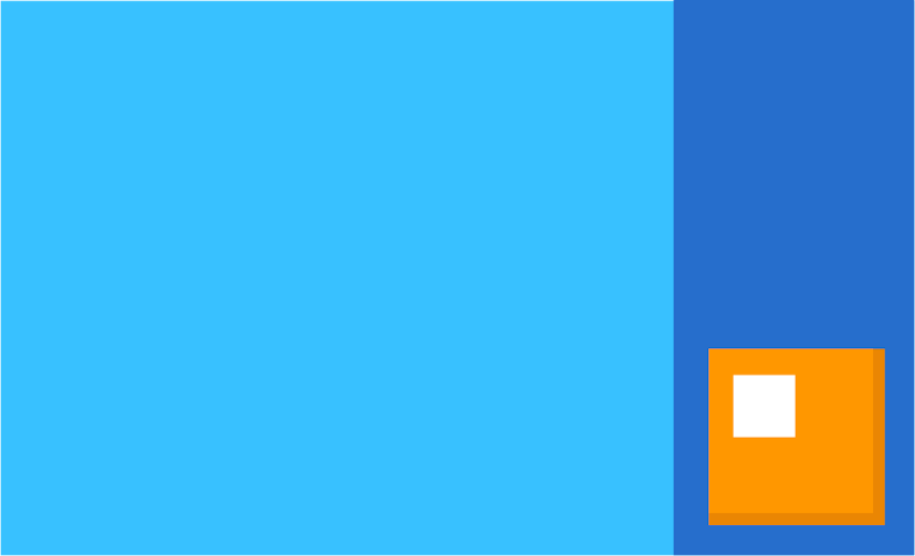 Blauer Hintergrund mit einer dunkelblauen Seitenleiste und einem kleinen orangefarbenen Quadrat in der unteren rechten Ecke
