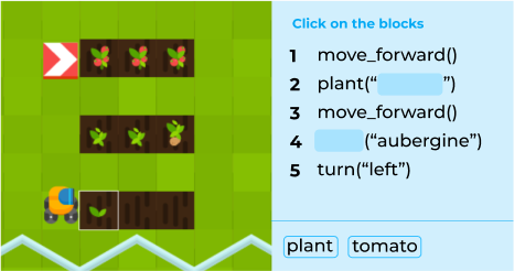 Karikatur von einem landwirtschaftlichen Roboter, der drei Reihen von Pflanzen anpflanzt, neben dem Code, der ihn steuert